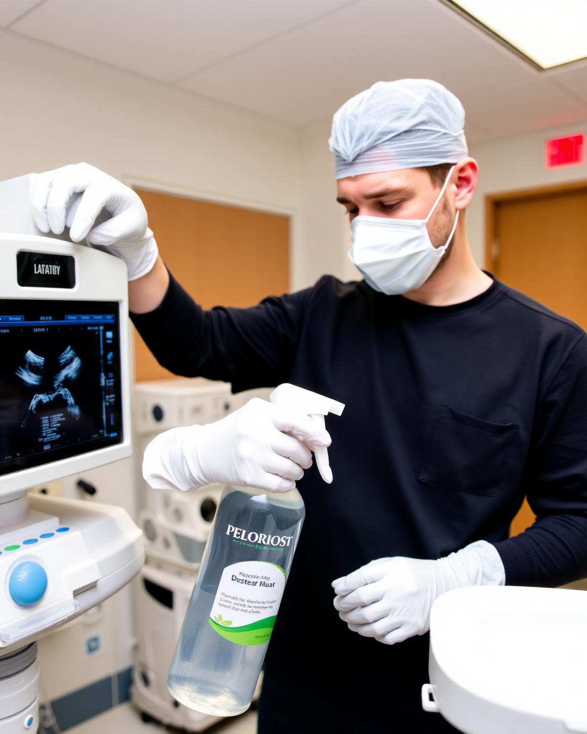 Technician sanitizing a hospital ultrasound machine